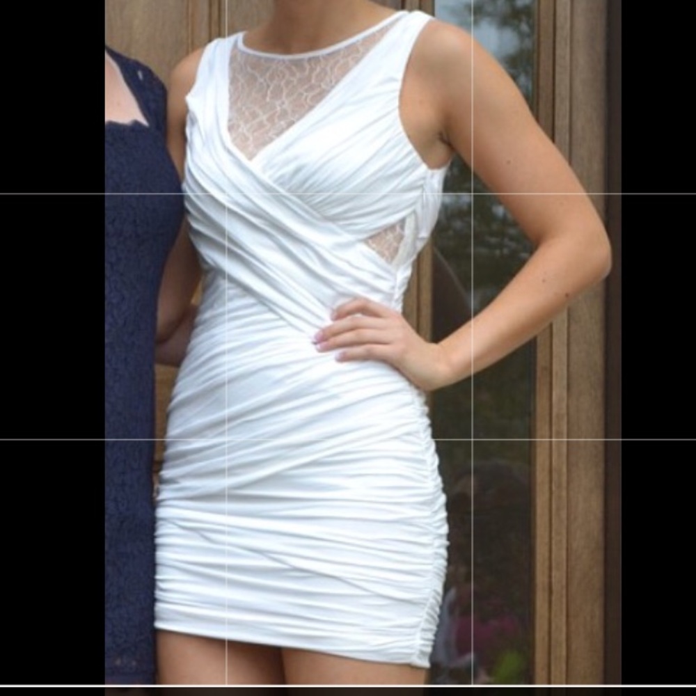 Bebe white ruched bodycon lace neck dress